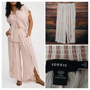 NWT Torrid Wrap Pants 3 3X Open Leg Crinkle Gauze Mauve Cream Striped Pockets